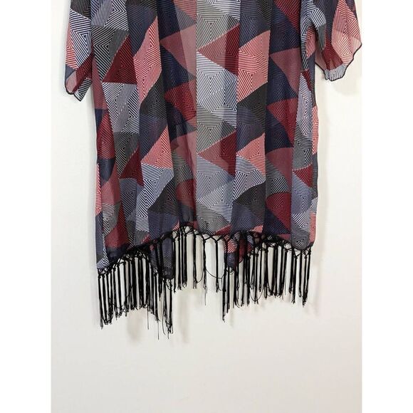 Lularoe Geometric Red White Blue Grey Kimono with Black Fringe - Picture 9 of 9